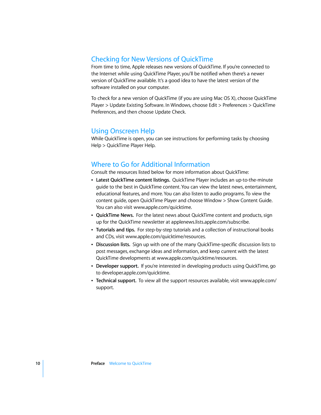 Apple 7.2 manual Checking for New Versions of QuickTime, Using Onscreen Help, Where to Go for Additional Information 