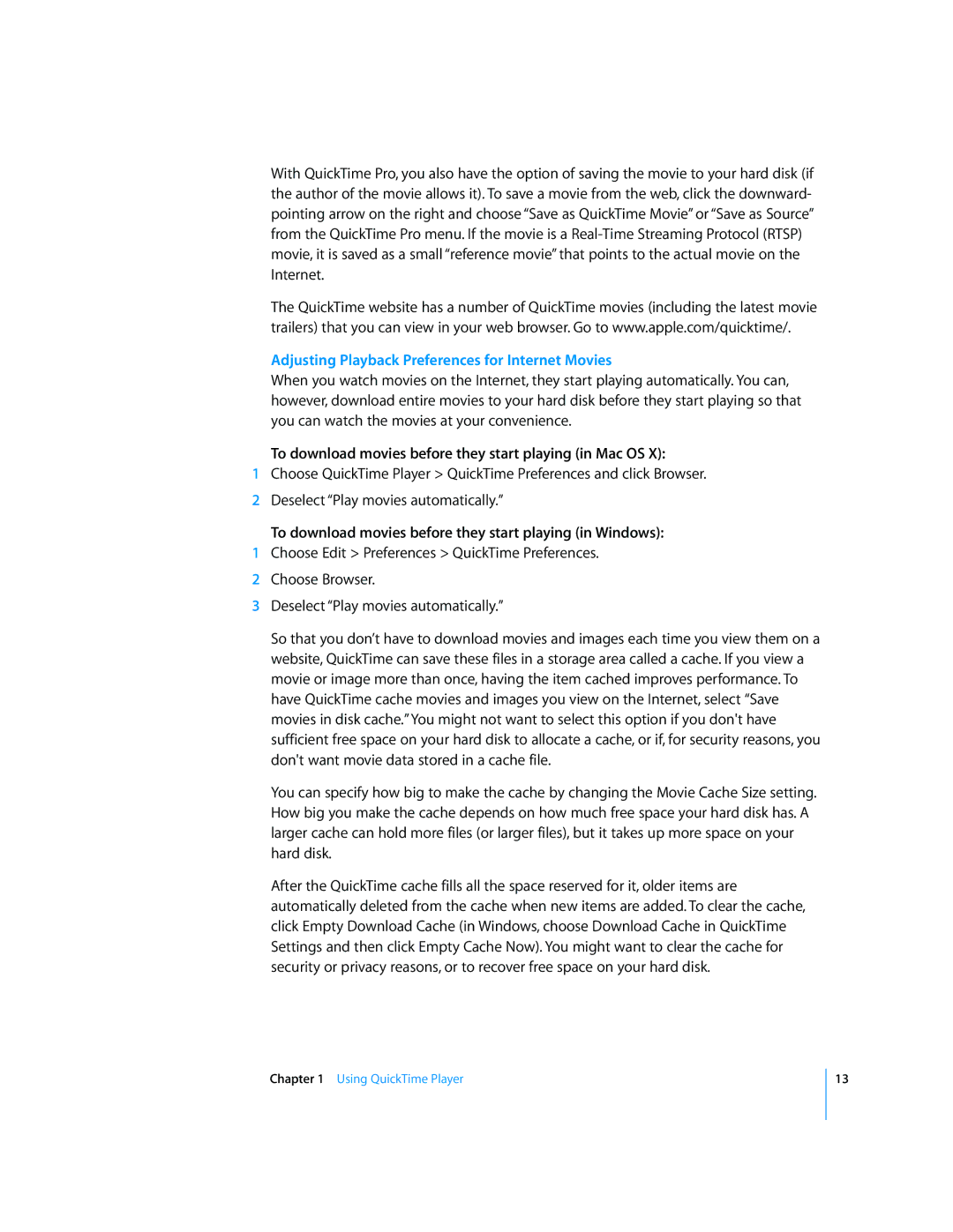 Apple 7.2 manual Adjusting Playback Preferences for Internet Movies, To download movies before they start playing in Mac OS 