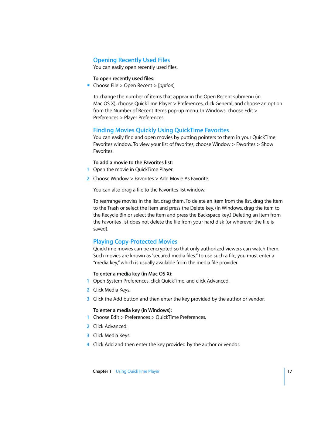Apple 7.2 Opening Recently Used Files, Finding Movies Quickly Using QuickTime Favorites, Playing Copy-Protected Movies 