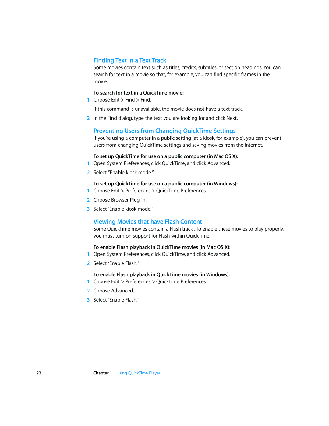 Apple 7.2 manual Finding Text in a Text Track, Preventing Users from Changing QuickTime Settings 