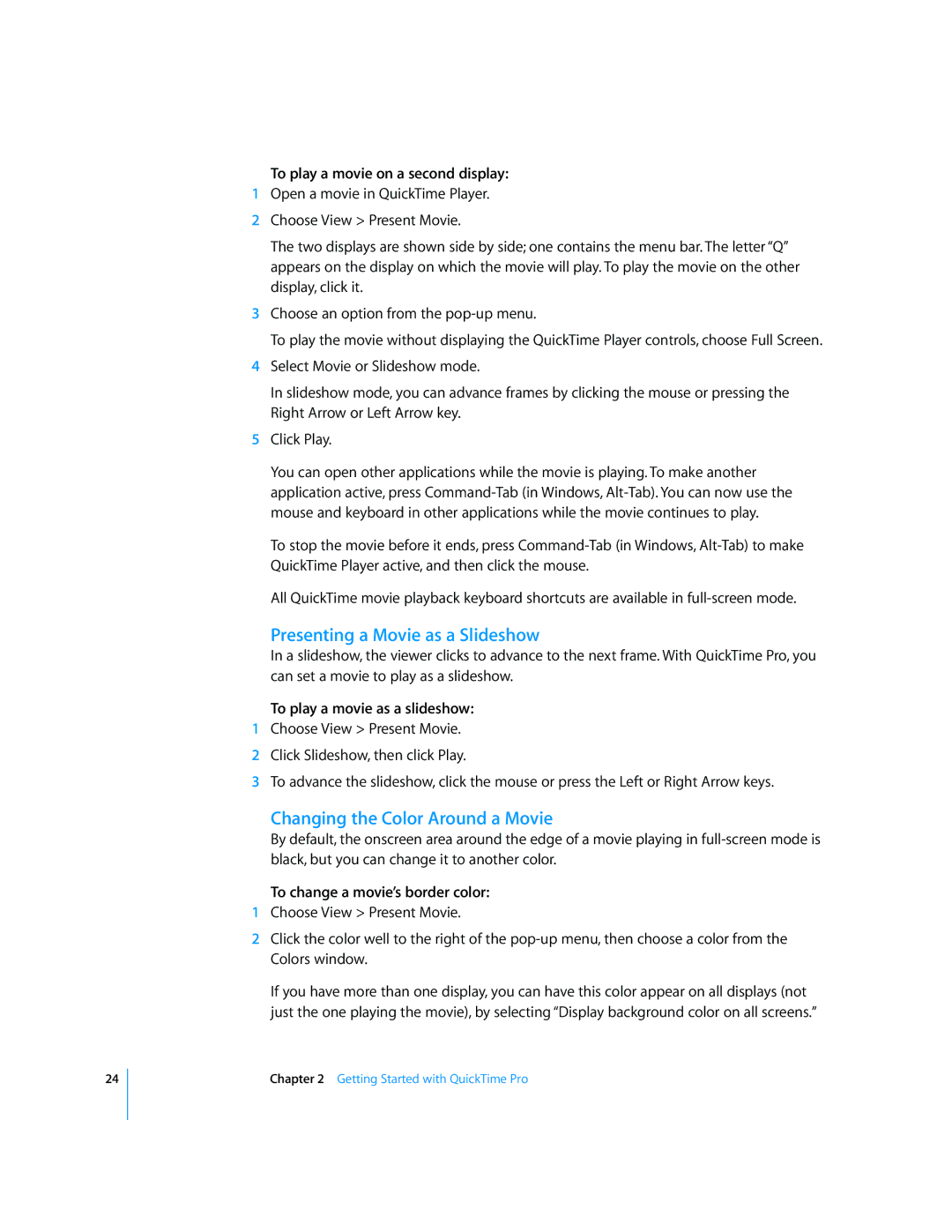 Apple 7.2 manual Presenting a Movie as a Slideshow, Changing the Color Around a Movie, To play a movie on a second display 
