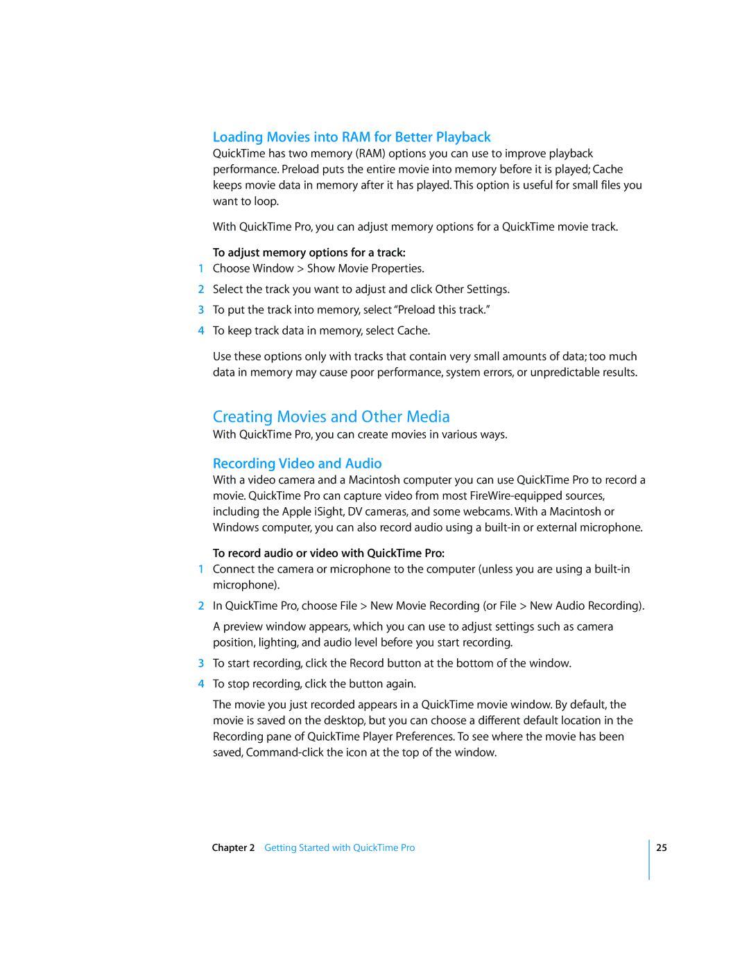 Apple 7.2 manual Creating Movies and Other Media, Loading Movies into RAM for Better Playback, Recording Video and Audio 