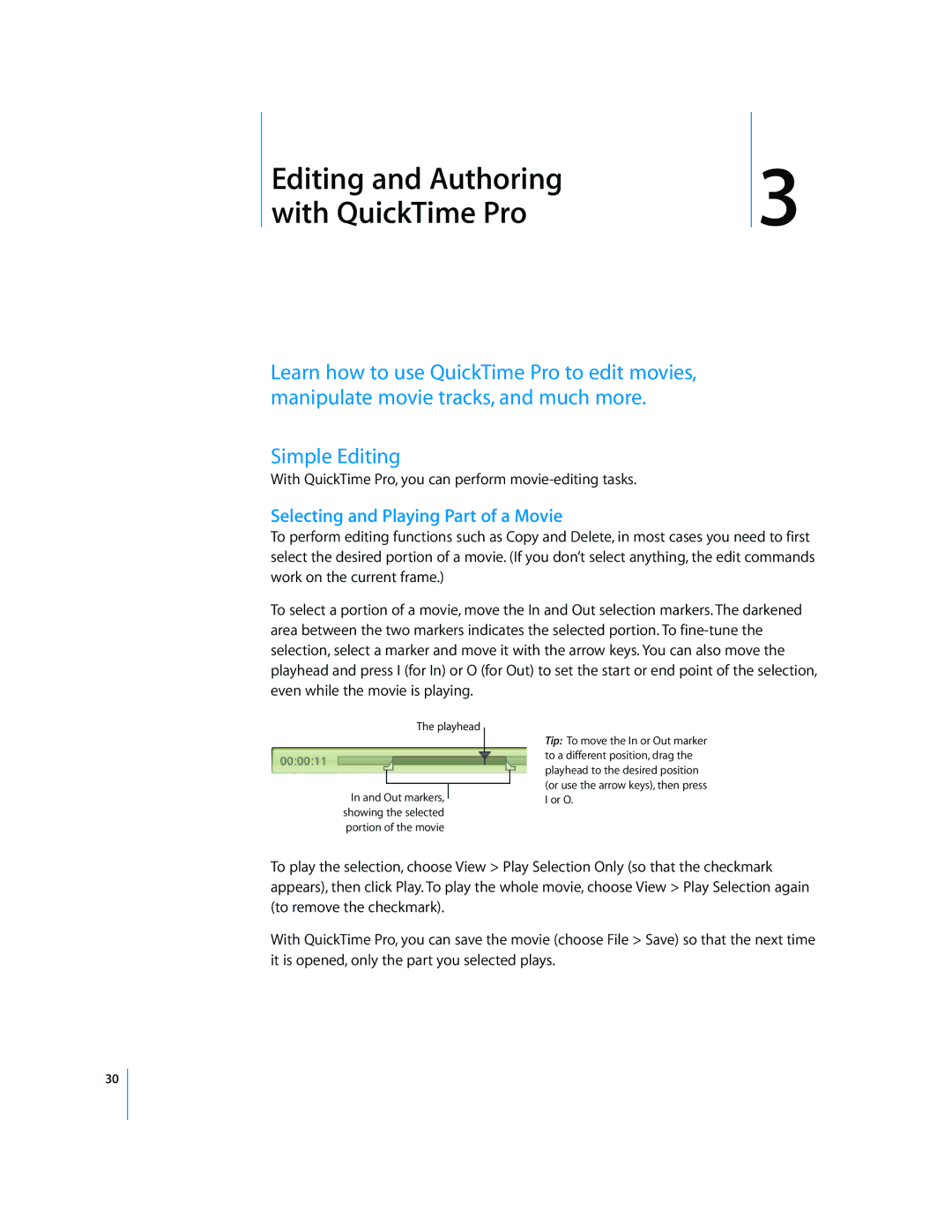 Apple 7.2 manual Editing and Authoring With QuickTime Pro, Simple Editing, Selecting and Playing Part of a Movie 