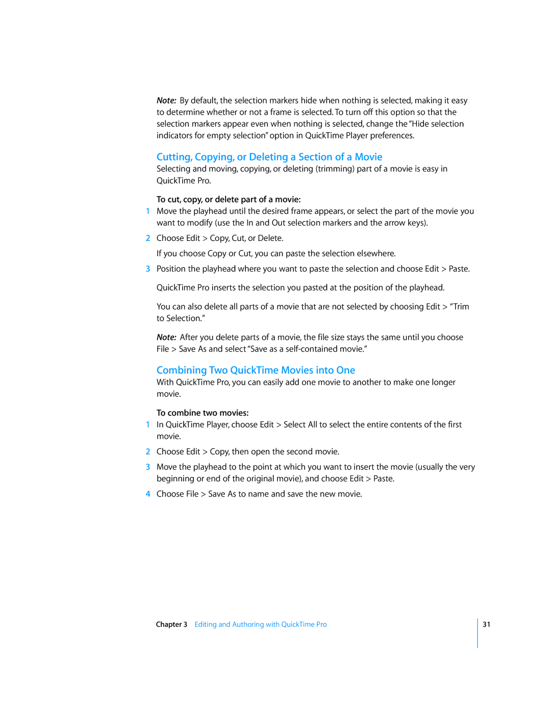 Apple 7.2 manual Cutting, Copying, or Deleting a Section of a Movie, Combining Two QuickTime Movies into One 
