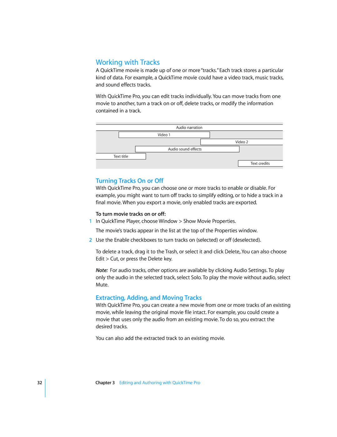 Apple 7.2 manual Working with Tracks, Turning Tracks On or Off, Extracting, Adding, and Moving Tracks 