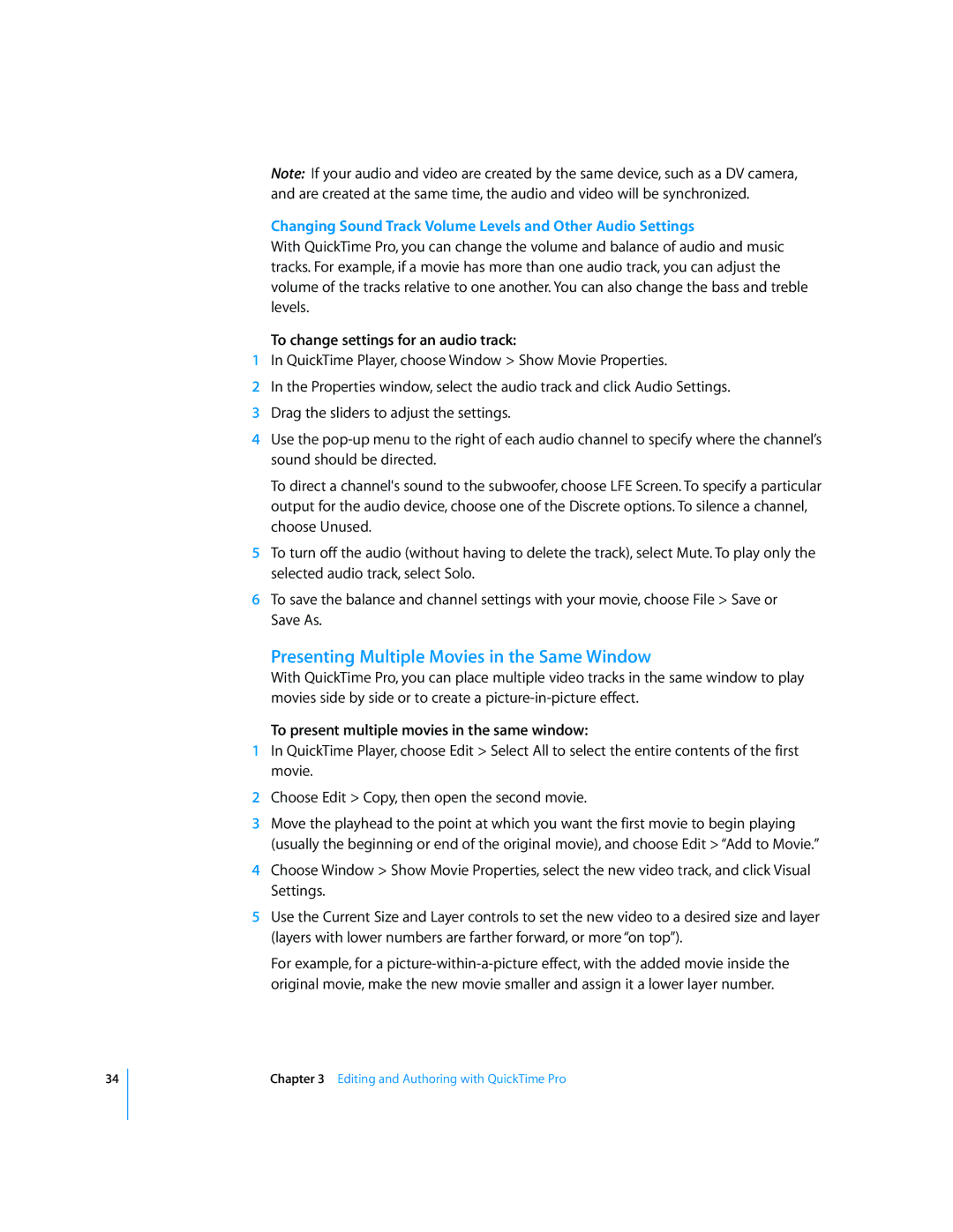 Apple 7.2 manual Presenting Multiple Movies in the Same Window, Changing Sound Track Volume Levels and Other Audio Settings 