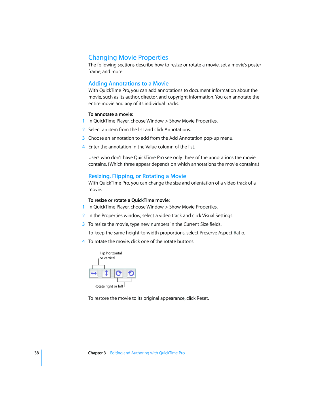 Apple 7.2 manual Changing Movie Properties, Adding Annotations to a Movie, Resizing, Flipping, or Rotating a Movie 