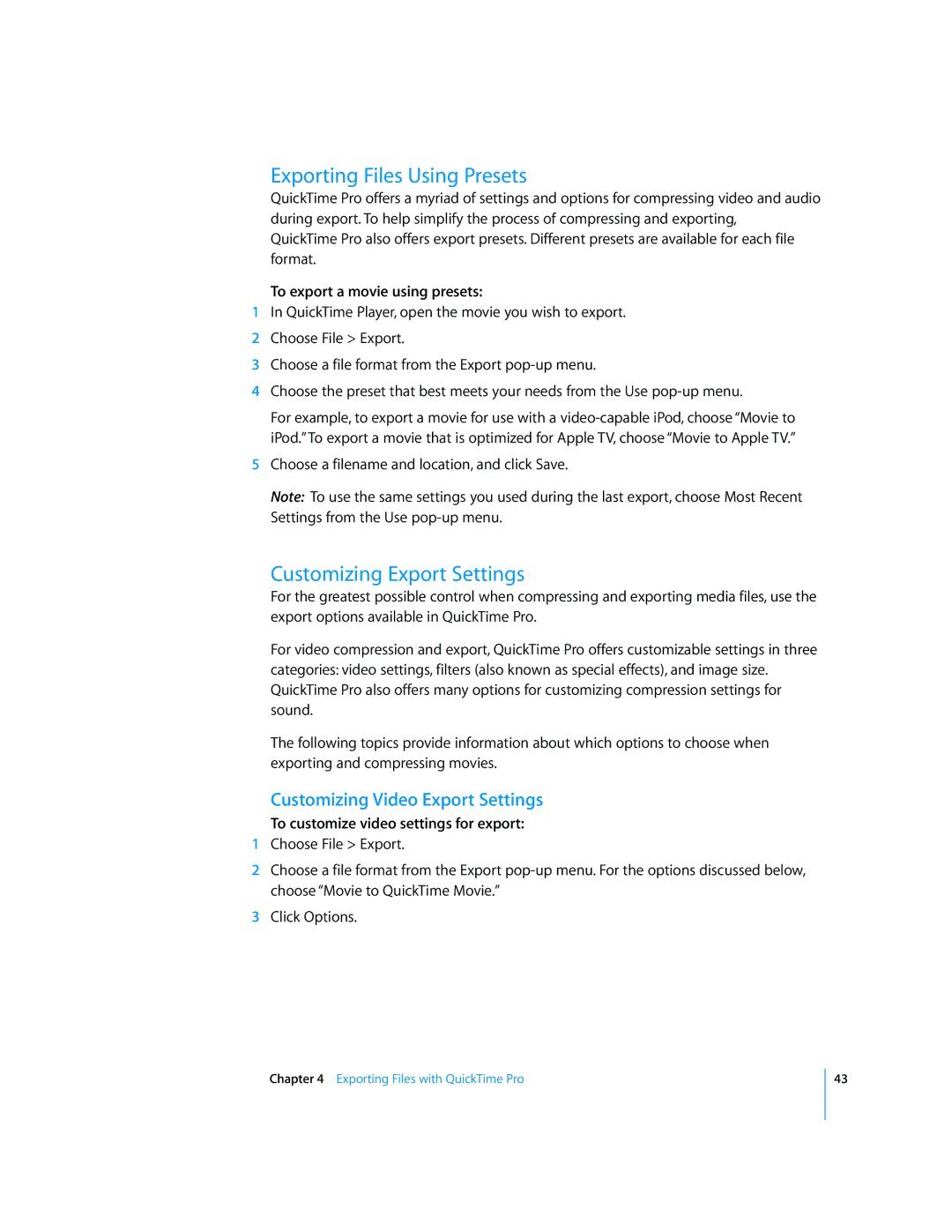 Apple 7.2 manual Exporting Files Using Presets, Customizing Export Settings, Customizing Video Export Settings 