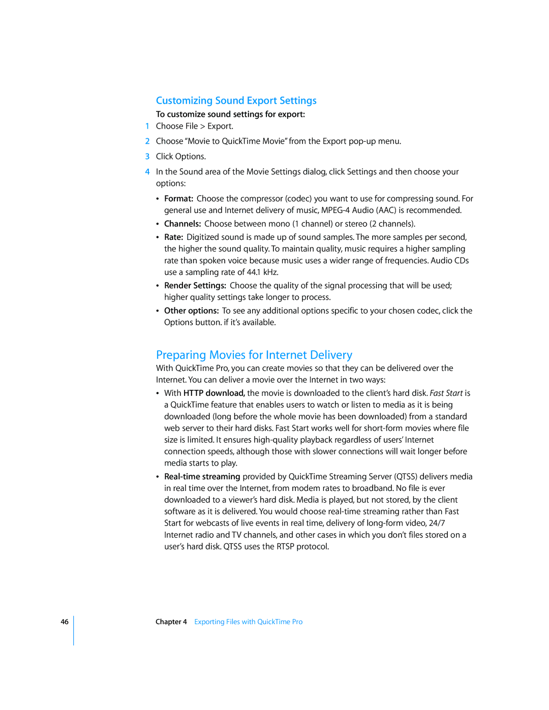 Apple 7.2 manual Preparing Movies for Internet Delivery, Customizing Sound Export Settings 