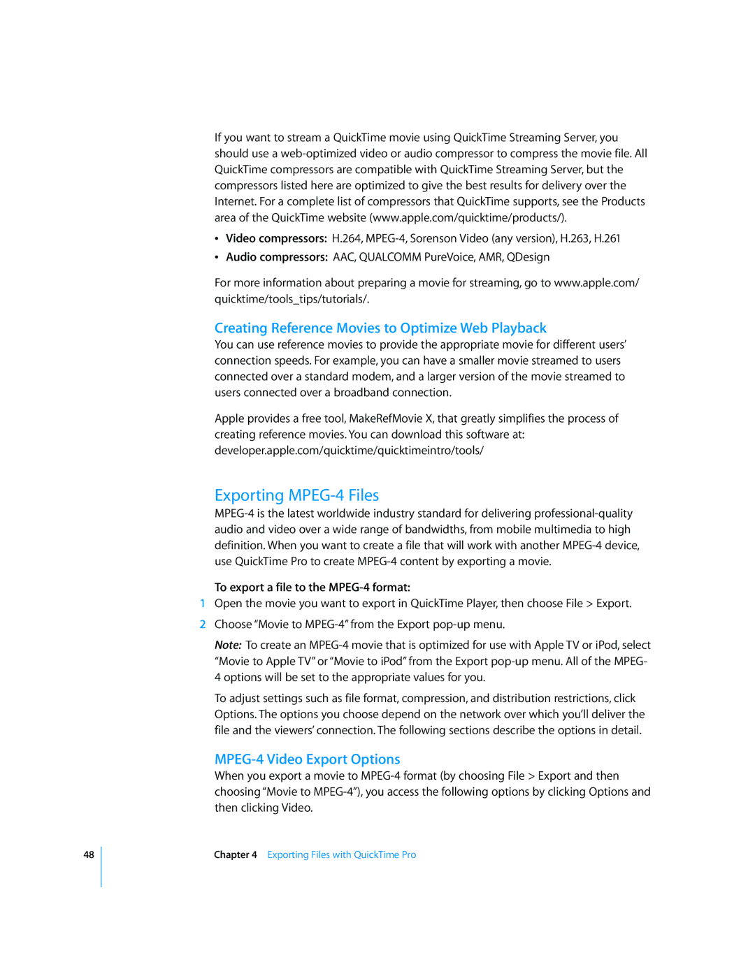 Apple 7.2 manual Exporting MPEG-4 Files, Creating Reference Movies to Optimize Web Playback, MPEG-4 Video Export Options 