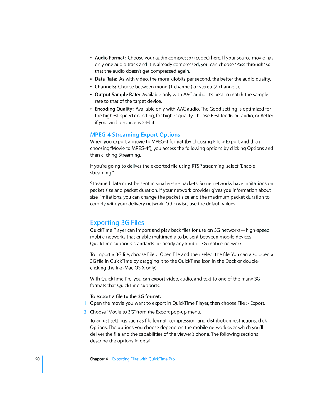 Apple 7.2 manual Exporting 3G Files, MPEG-4 Streaming Export Options, To export a file to the 3G format 