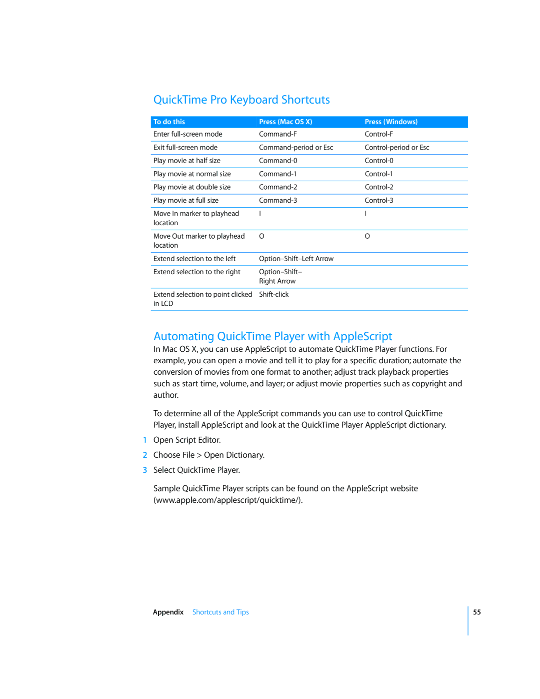 Apple 7.2 manual QuickTime Pro Keyboard Shortcuts, Automating QuickTime Player with AppleScript 