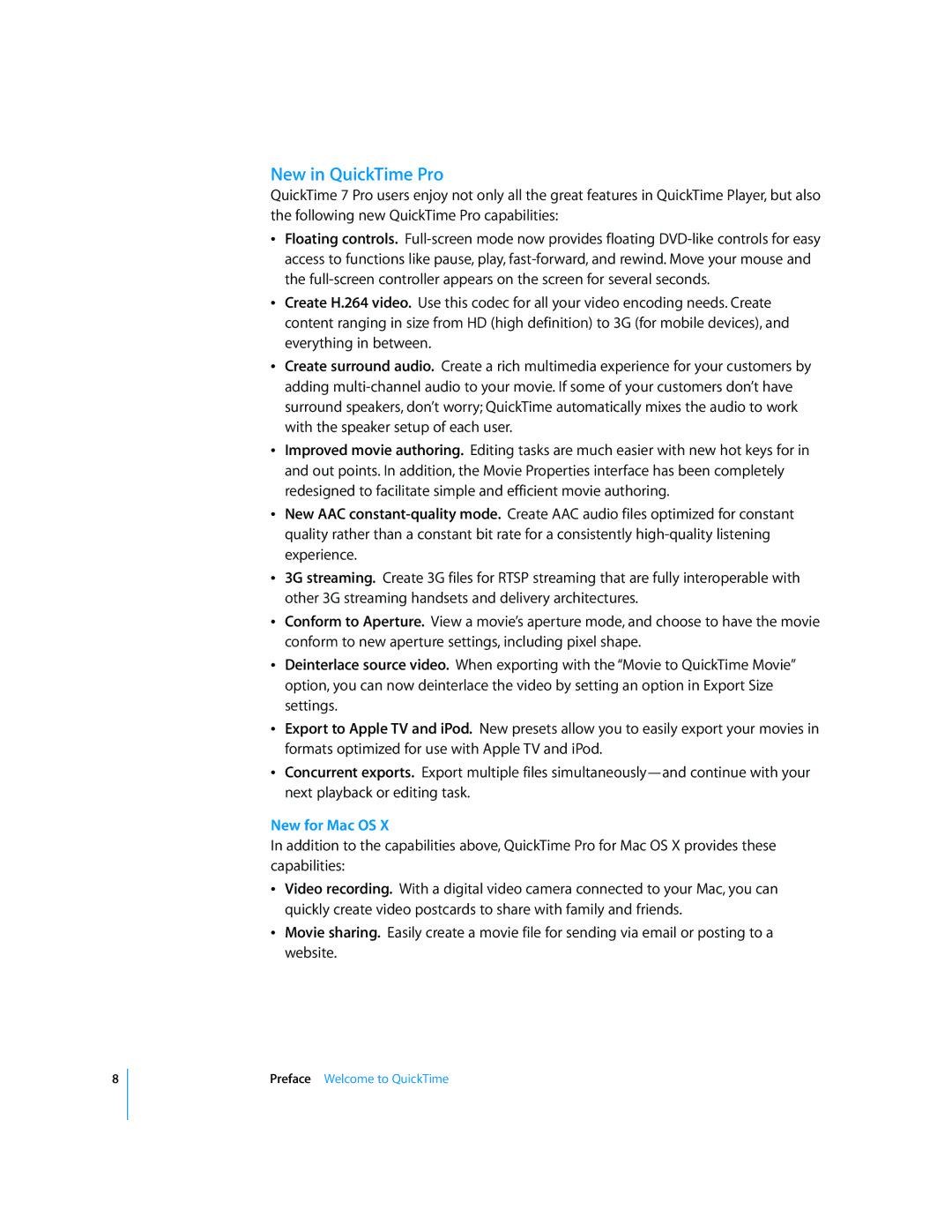 Apple 7.2 manual New in QuickTime Pro, New for Mac OS 