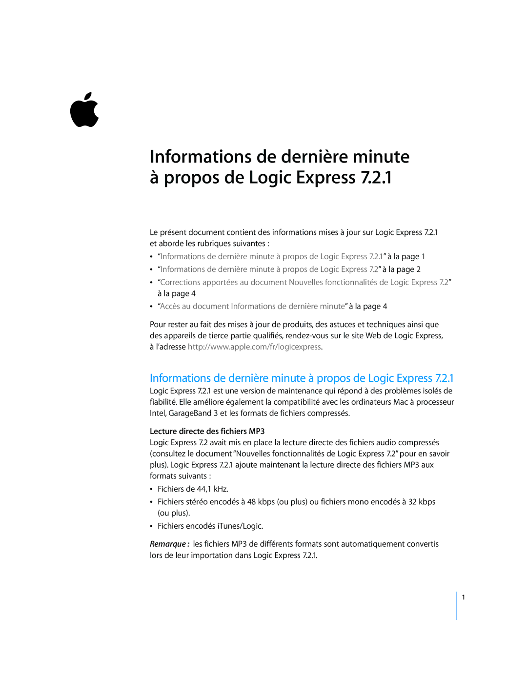 Apple 7.2.1 manual Informations de dernière minute à propos de Logic Express, Lecture directe des fichiers MP3 