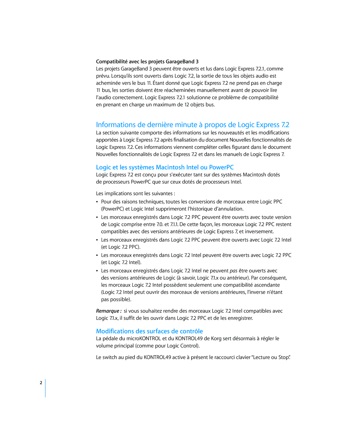 Apple 7.2.1 Informations de dernière minute à propos de Logic Express, Logic et les systèmes Macintosh Intel ou PowerPC 