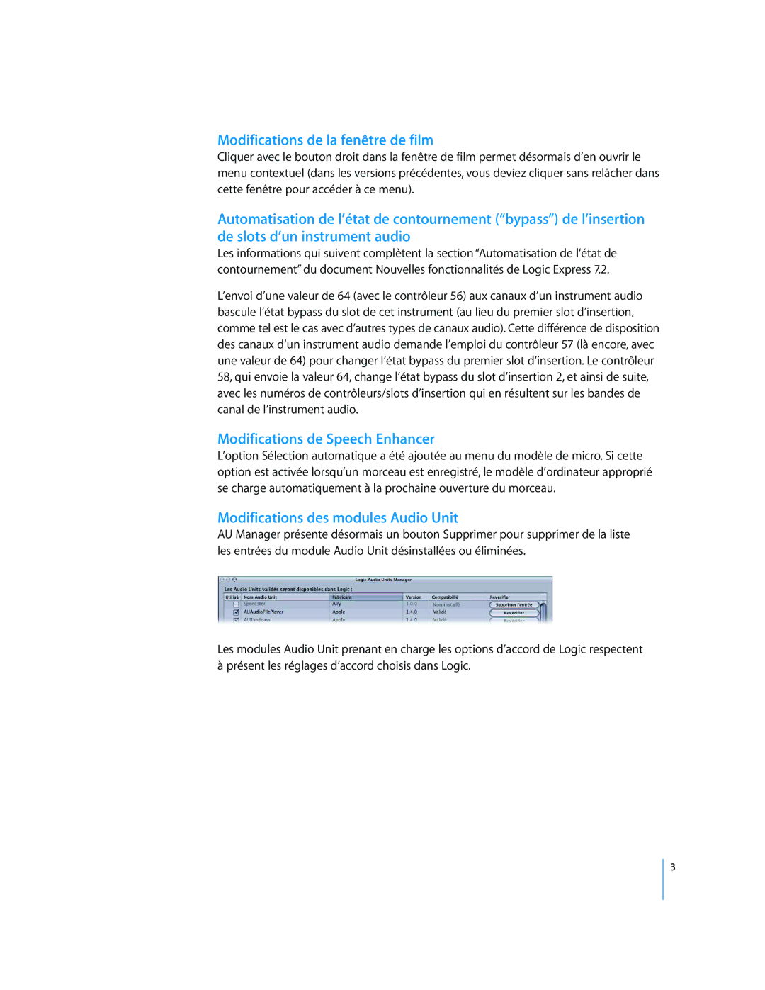 Apple 7.2.1 Modifications de la fenêtre de film, Modifications de Speech Enhancer, Modifications des modules Audio Unit 