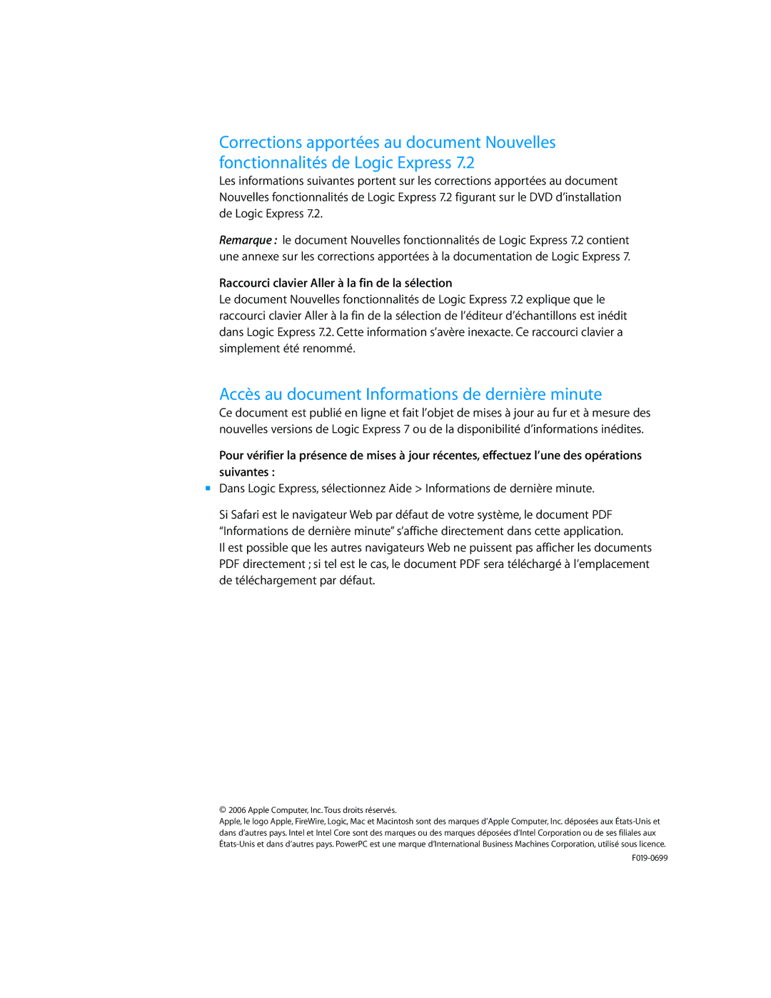 Apple 7.2.1 manual Accès au document Informations de dernière minute, Raccourci clavier Aller à la fin de la sélection 