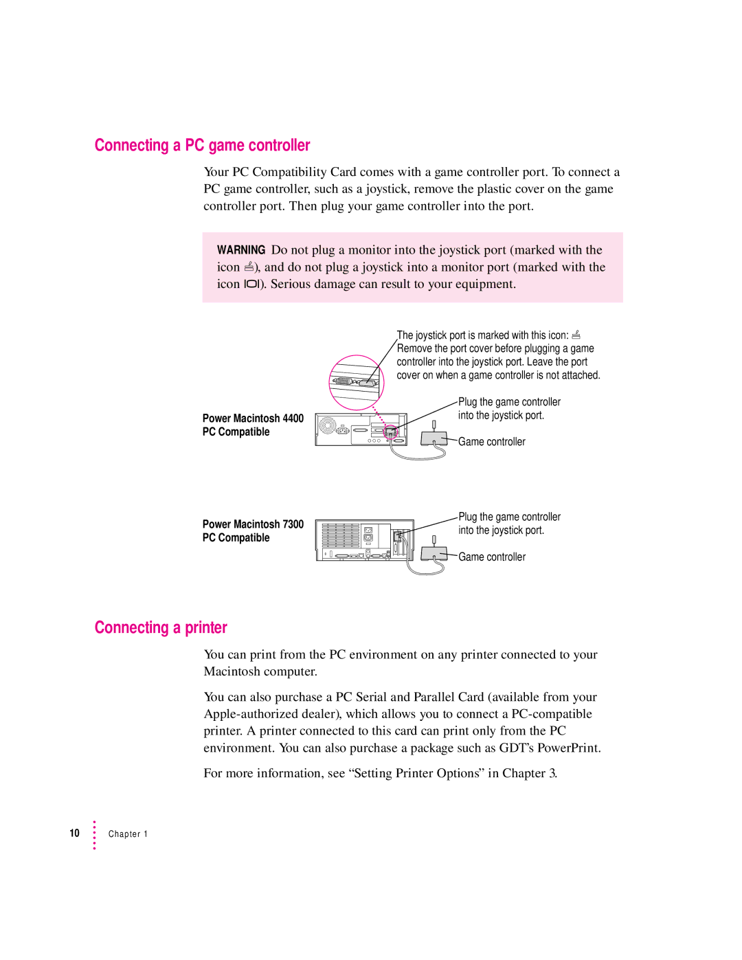 Apple 7300, 4400 manual Connecting a PC game controller, Connecting a printer 