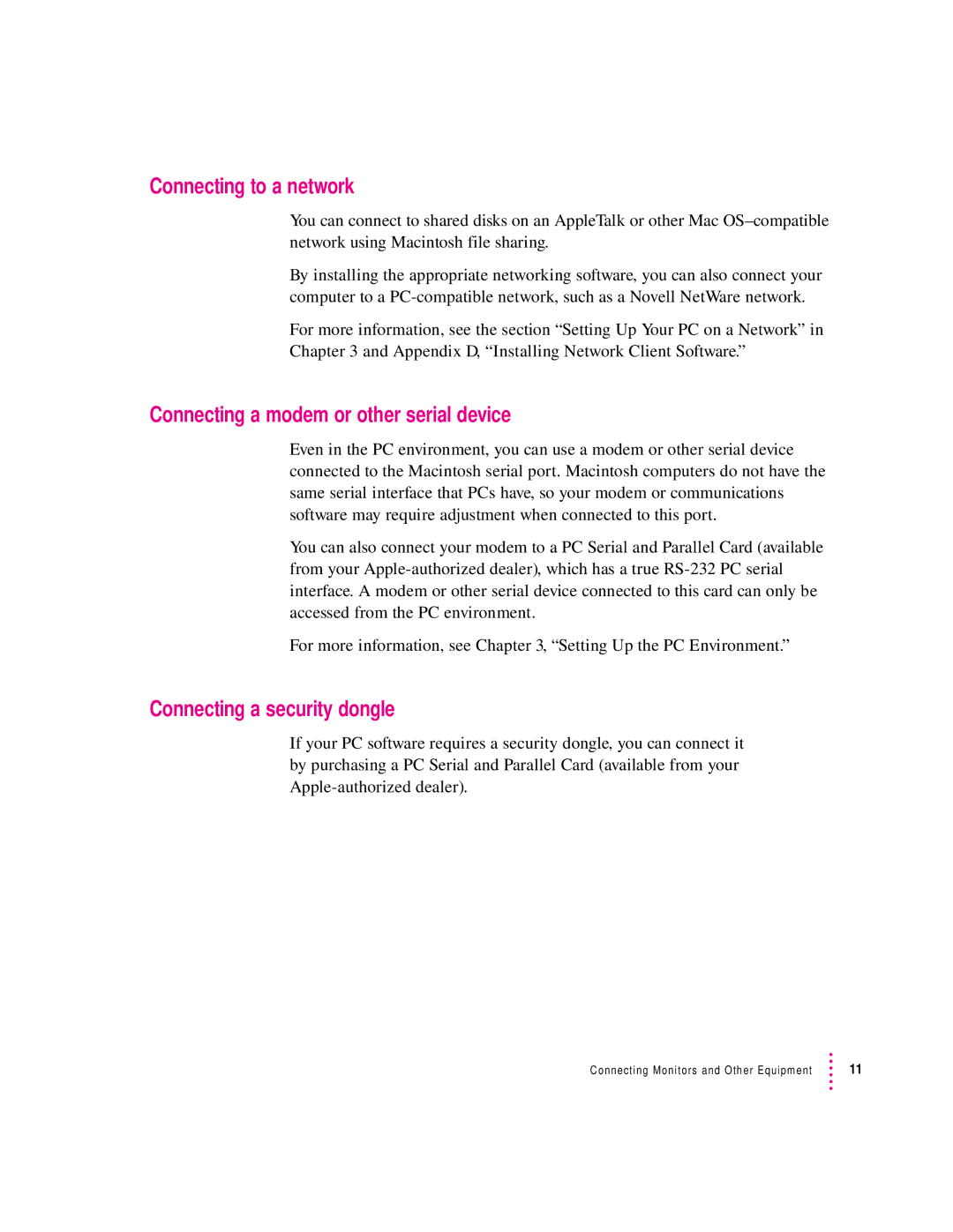 Apple 4400, 7300 manual Connecting to a network, Connecting a modem or other serial device, Connecting a security dongle 