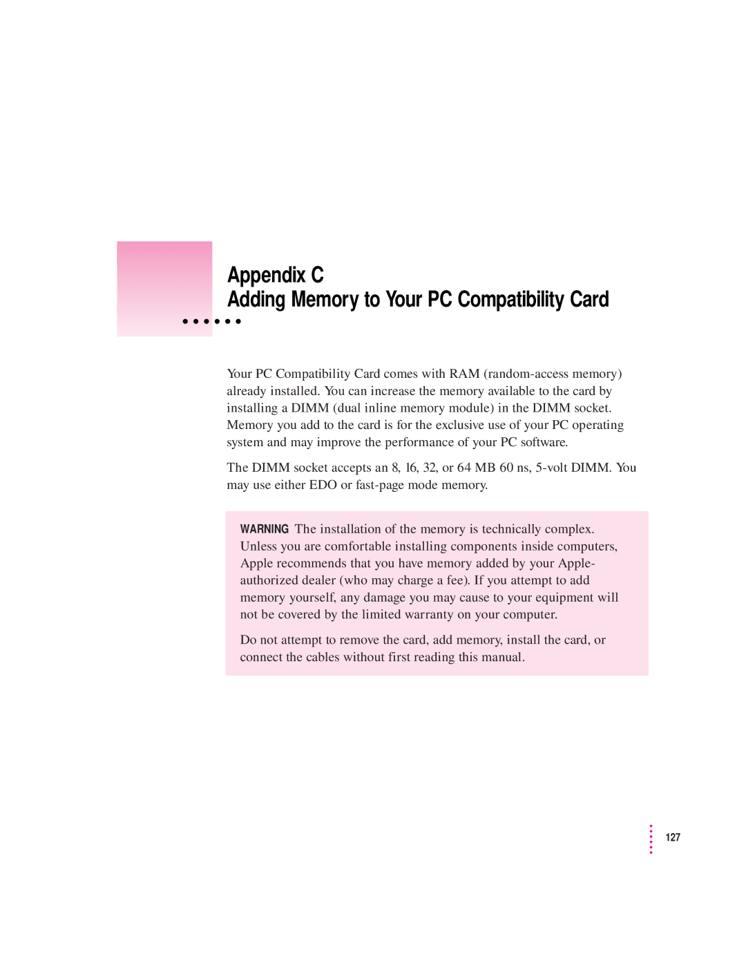 Apple 4400, 7300 manual Appendix C Adding Memory to Your PC Compatibility Card 