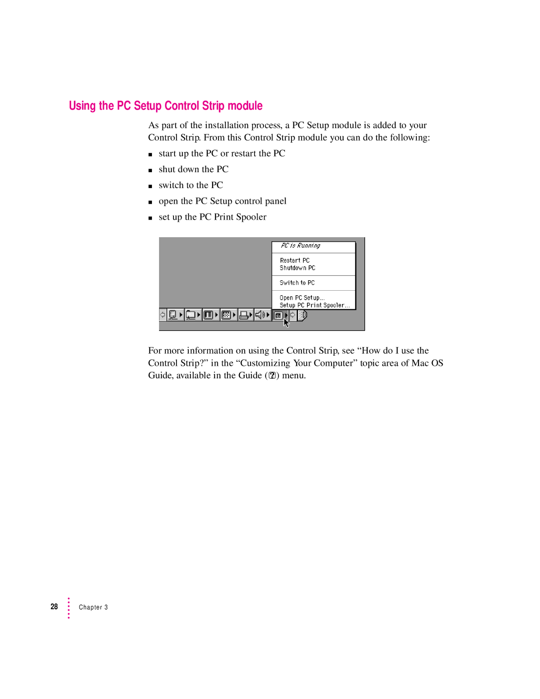 Apple 7300, 4400 manual Using the PC Setup Control Strip module 