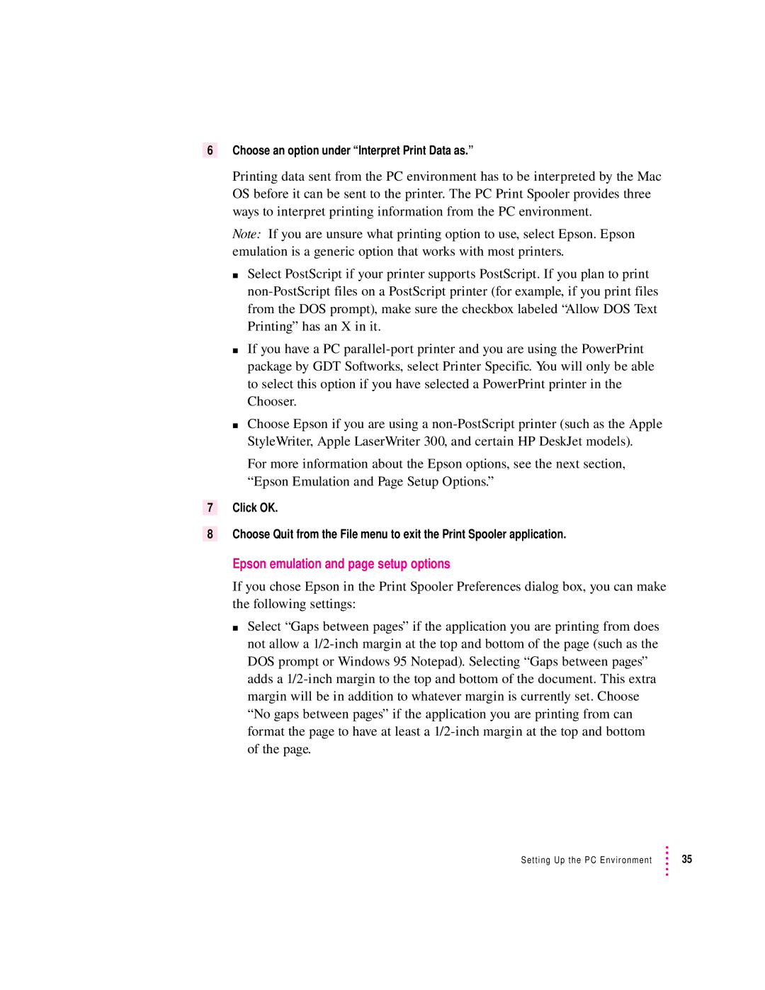 Apple 4400, 7300 manual Epson emulation and page setup options, Choose an option under Interpret Print Data as 