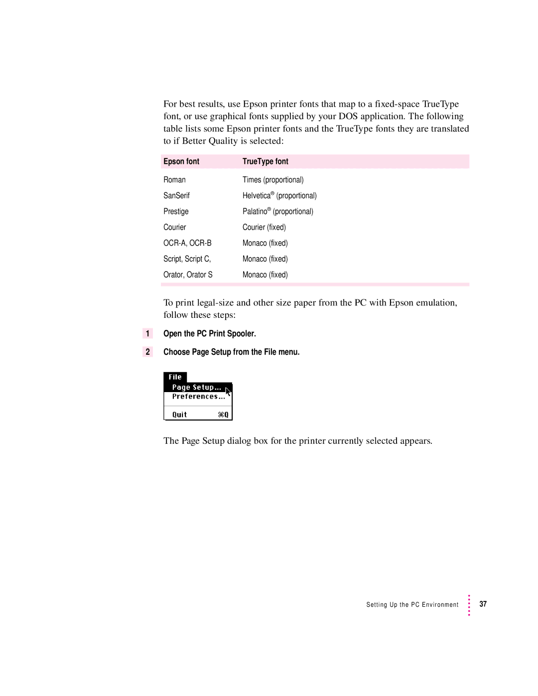 Apple 4400, 7300 manual Setup dialog box for the printer currently selected appears, Epson font TrueType font 