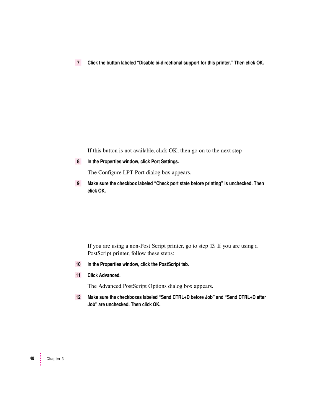 Apple 7300, 4400 manual Configure LPT Port dialog box appears, Advanced PostScript Options dialog box appears 