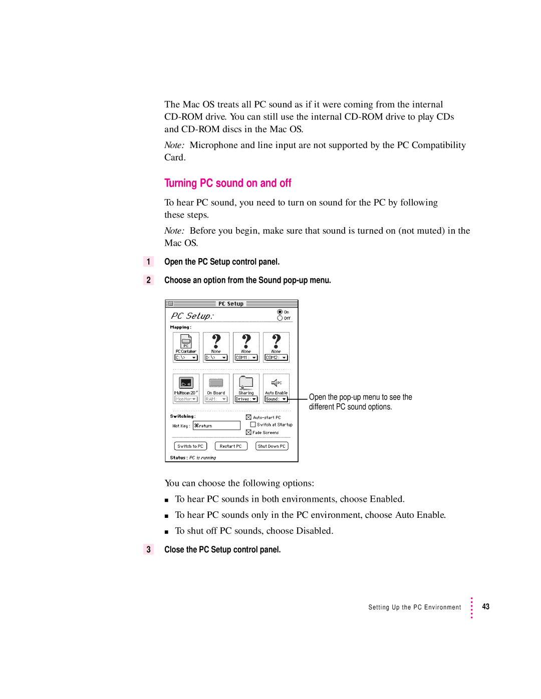 Apple 4400, 7300 manual Turning PC sound on and off, Close the PC Setup control panel 