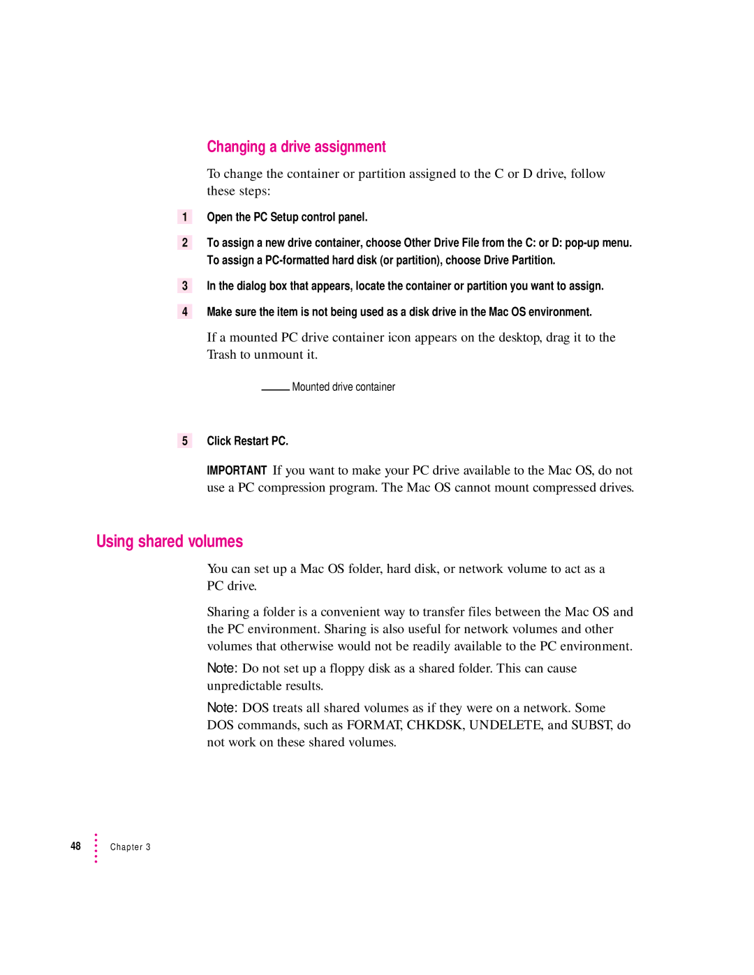 Apple 7300, 4400 manual Using shared volumes, Changing a drive assignment, Open the PC Setup control panel, Click Restart PC 