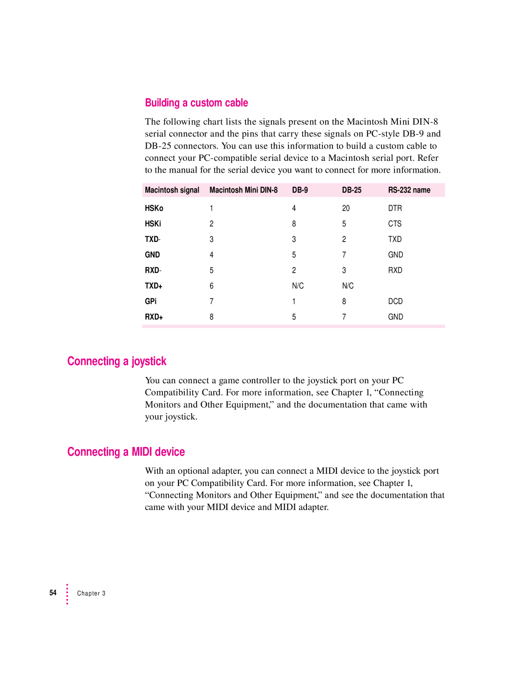 Apple 7300, 4400 manual Connecting a joystick, Building a custom cable, DB-9 DB-25 RS-232 name HSKo, HSKi, GPi 