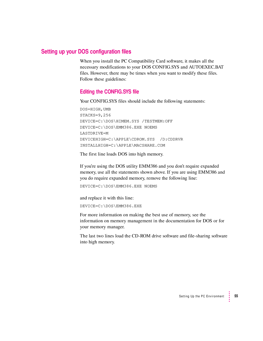 Apple 4400, 7300 manual Setting up your DOS configuration files, Editing the CONFIG.SYS file, Replace it with this line 
