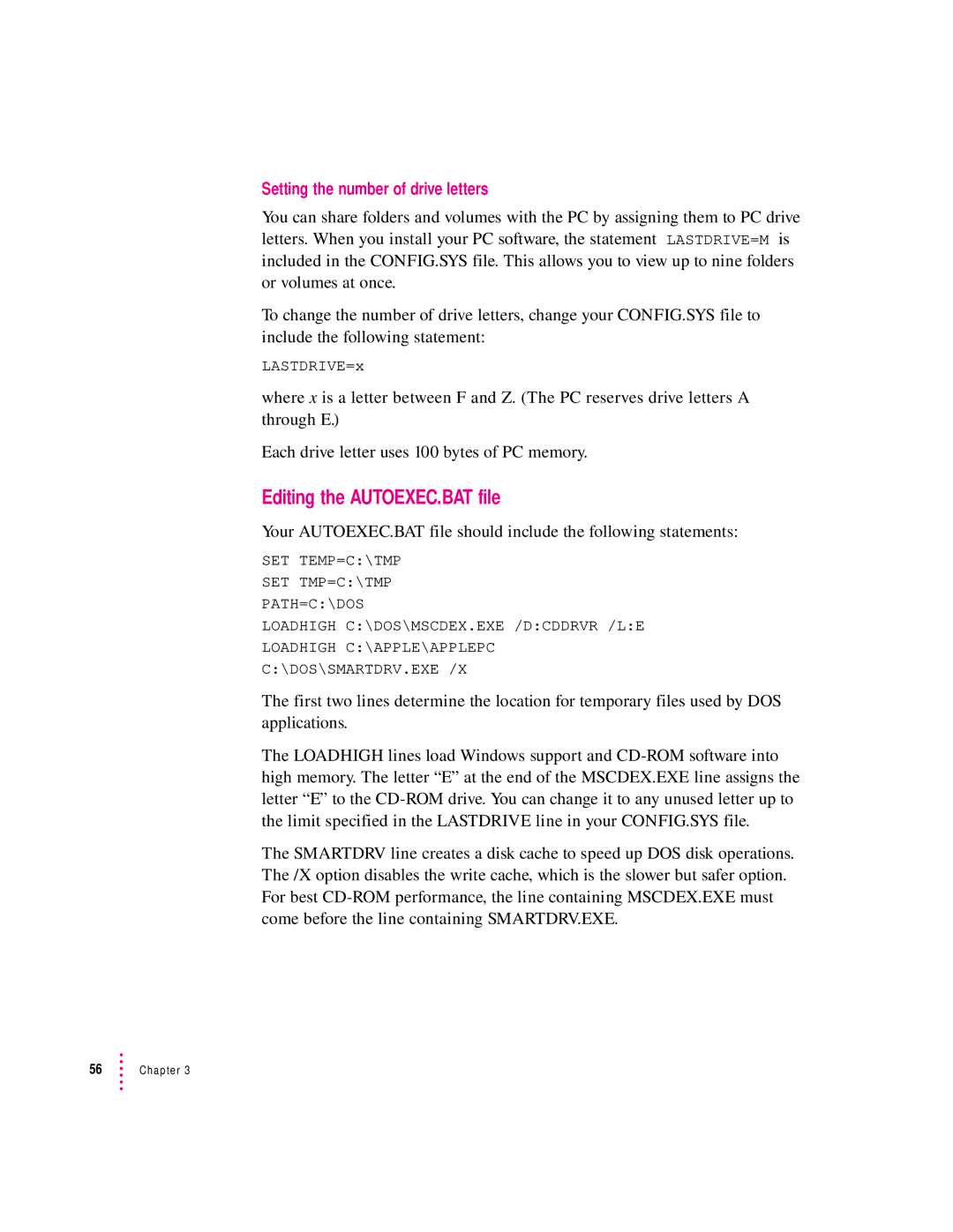 Apple 7300, 4400 manual Editing the AUTOEXEC.BAT file, Setting the number of drive letters 