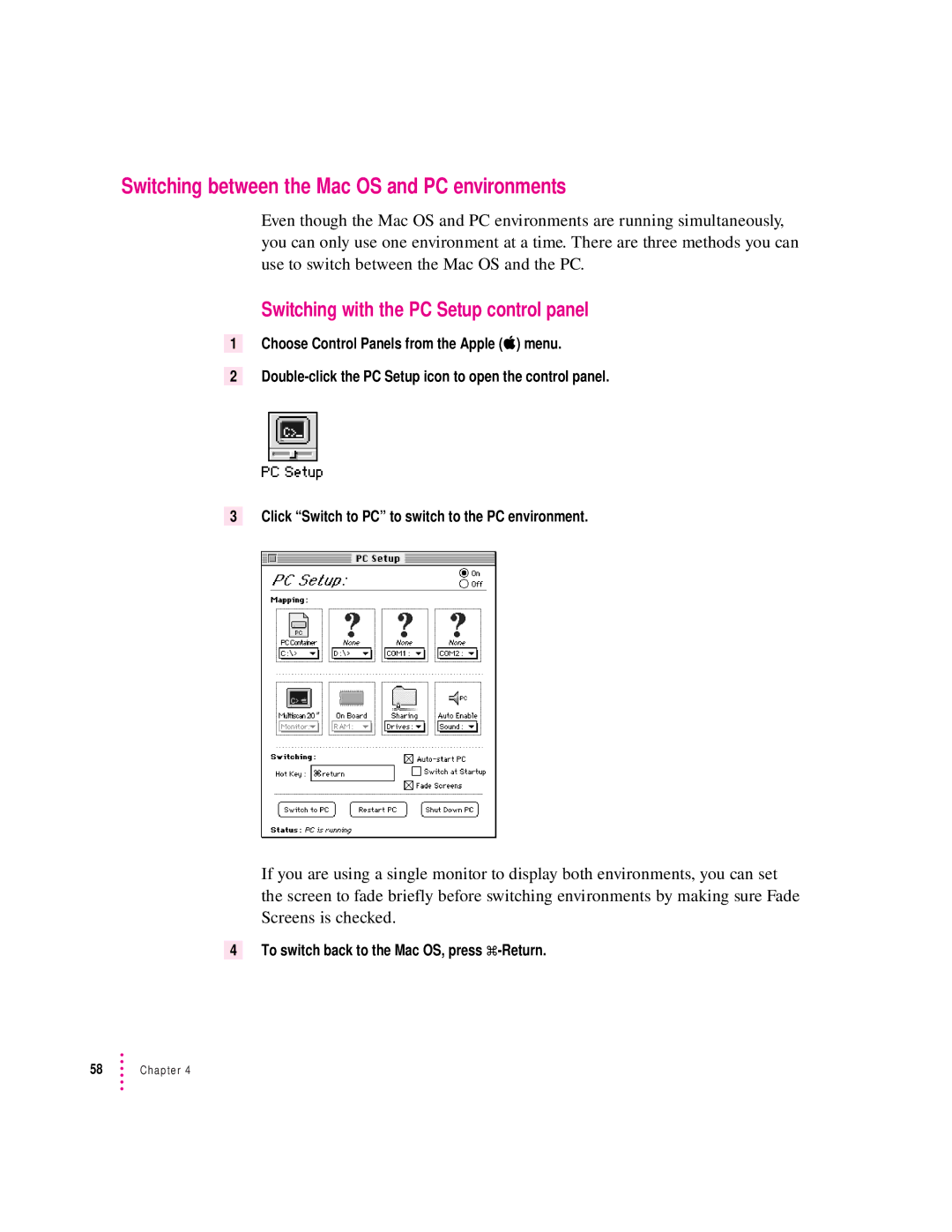 Apple 7300, 4400 manual Switching between the Mac OS and PC environments, Switching with the PC Setup control panel 