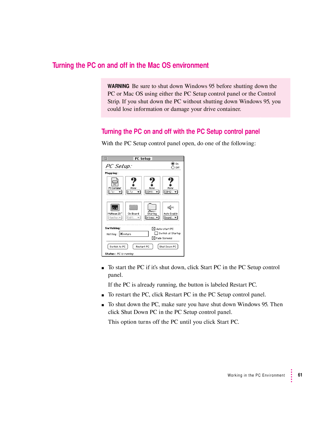 Apple 4400 Turning the PC on and off in the Mac OS environment, Turning the PC on and off with the PC Setup control panel 