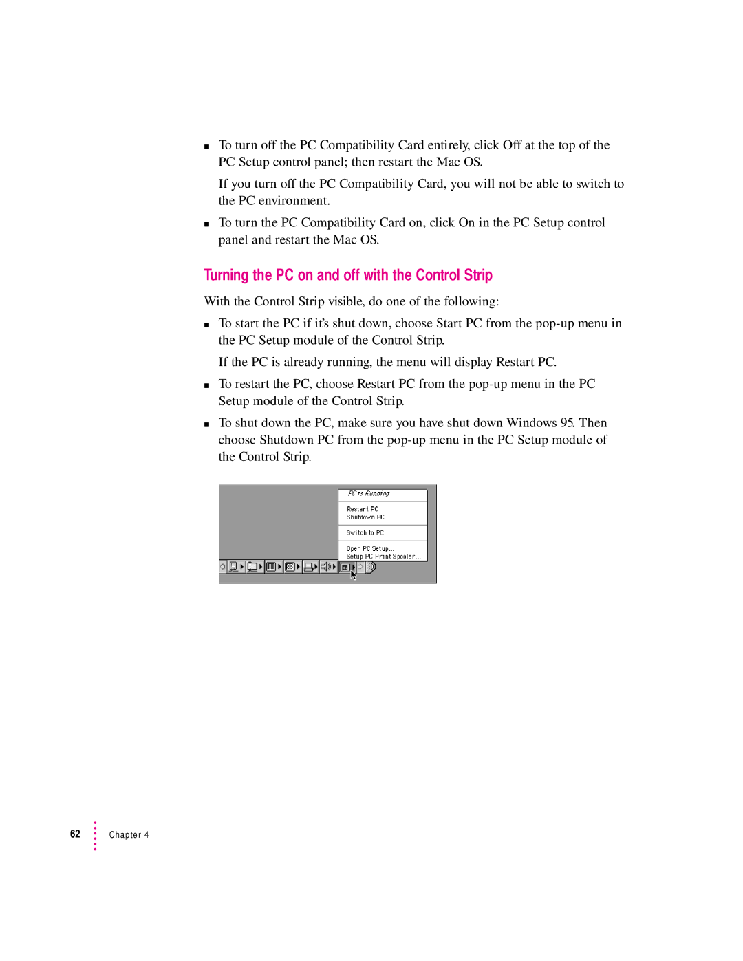 Apple 7300, 4400 manual Turning the PC on and off with the Control Strip 