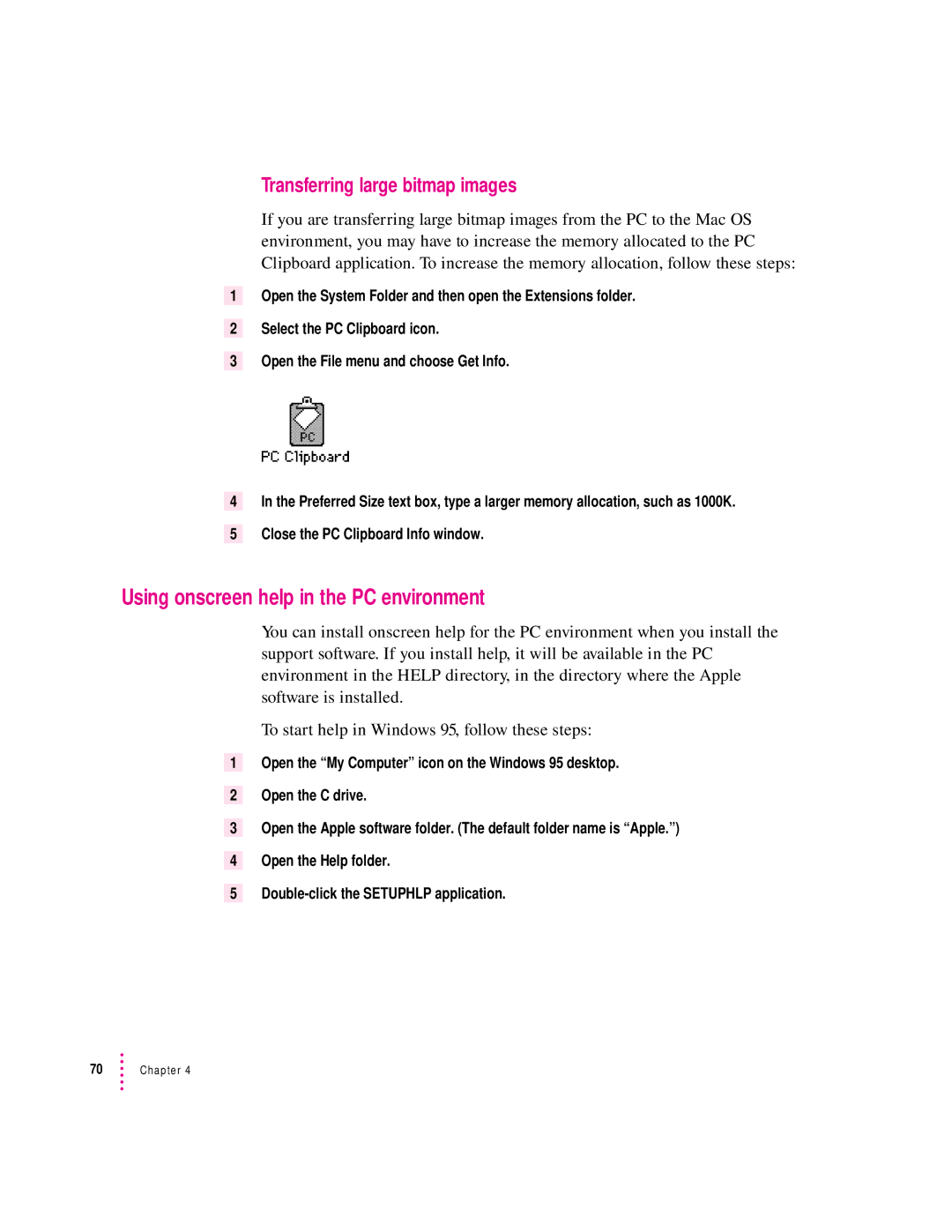 Apple 7300, 4400 manual Using onscreen help in the PC environment, Transferring large bitmap images 
