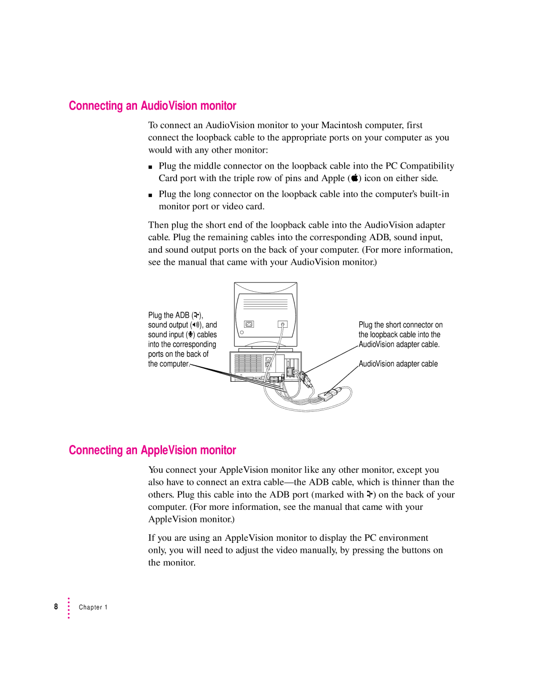 Apple 7300, 4400 manual Connecting an AudioVision monitor, Connecting an AppleVision monitor 