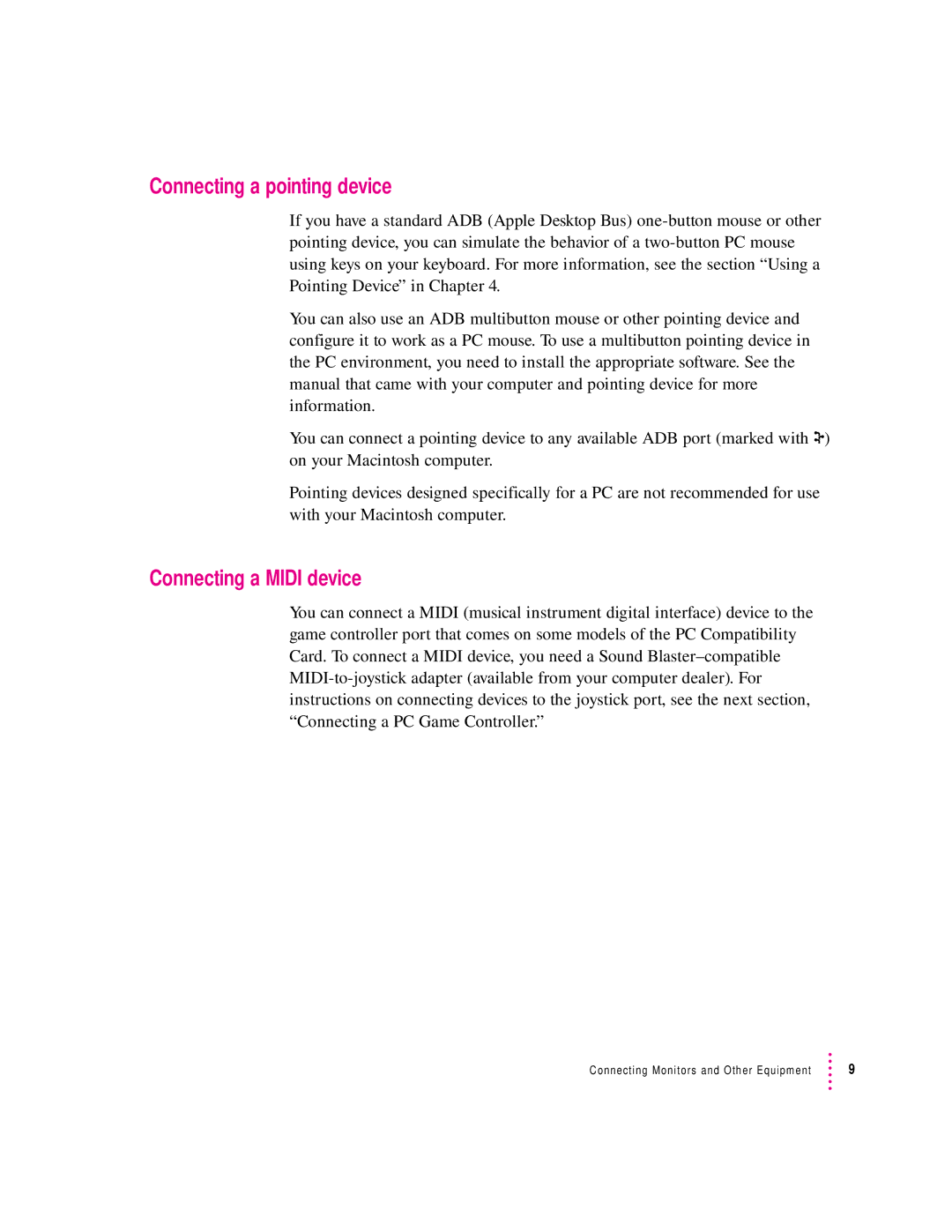 Apple 4400, 7300 manual Connecting a pointing device, Connecting a Midi device 