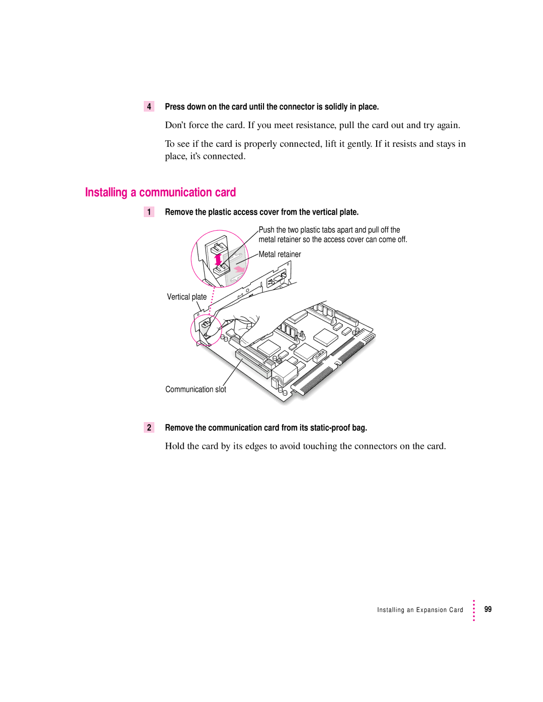 Apple 75 LC, 5200 LC manual Installing a communication card, Remove the communication card from its static-proof bag 