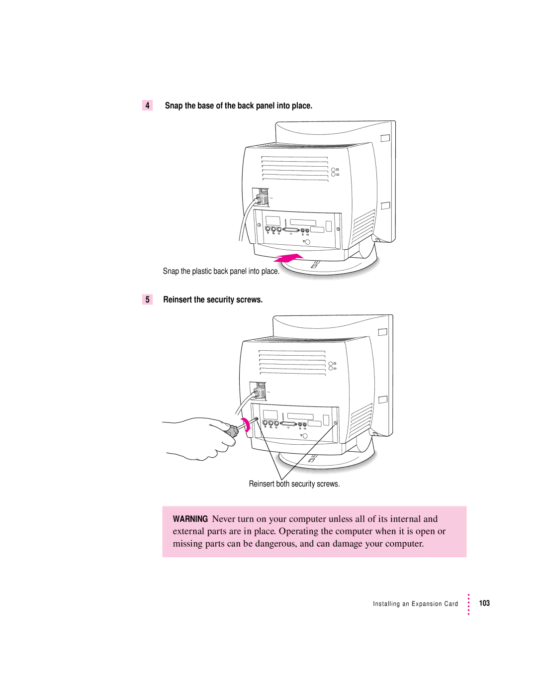 Apple 75 LC, 5200 LC manual Snap the base of the back panel into place, Reinsert the security screws 
