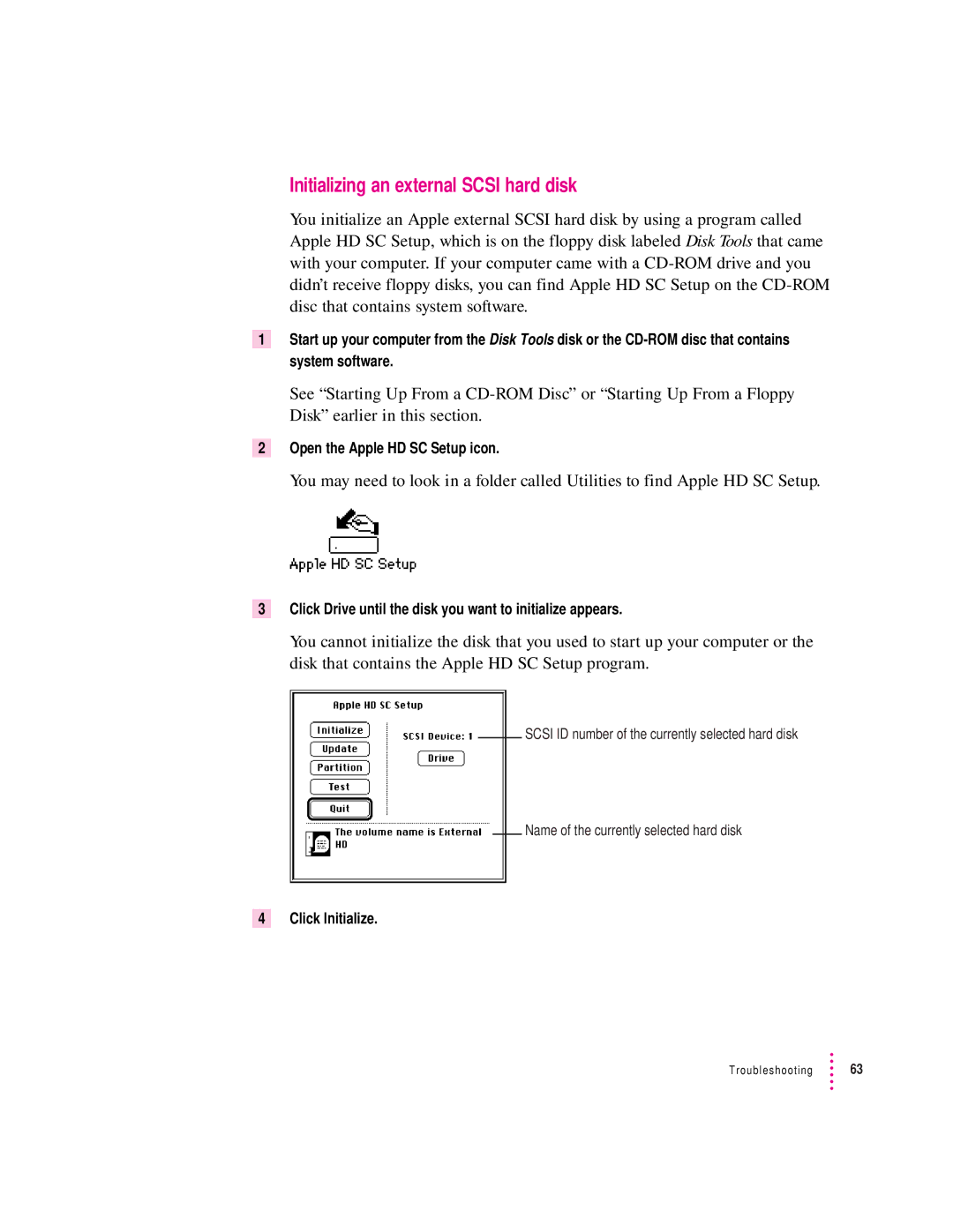 Apple 75 LC, 5200 LC manual Initializing an external Scsi hard disk, Open the Apple HD SC Setup icon 