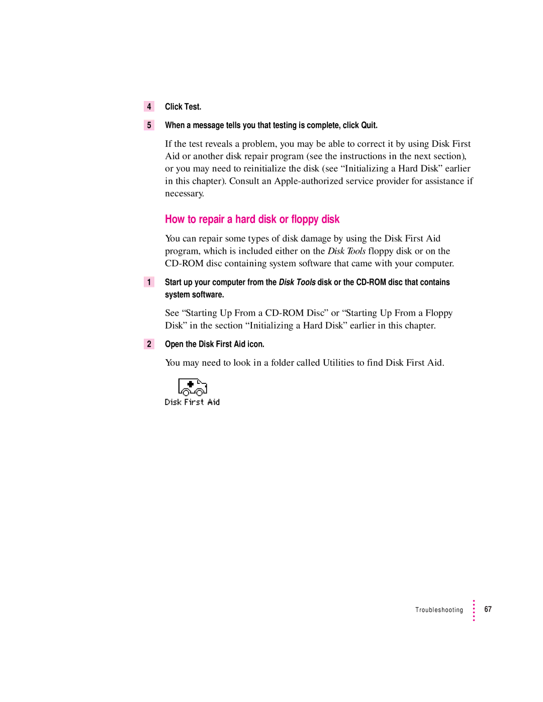 Apple 75 LC, 5200 LC manual How to repair a hard disk or floppy disk, Open the Disk First Aid icon 