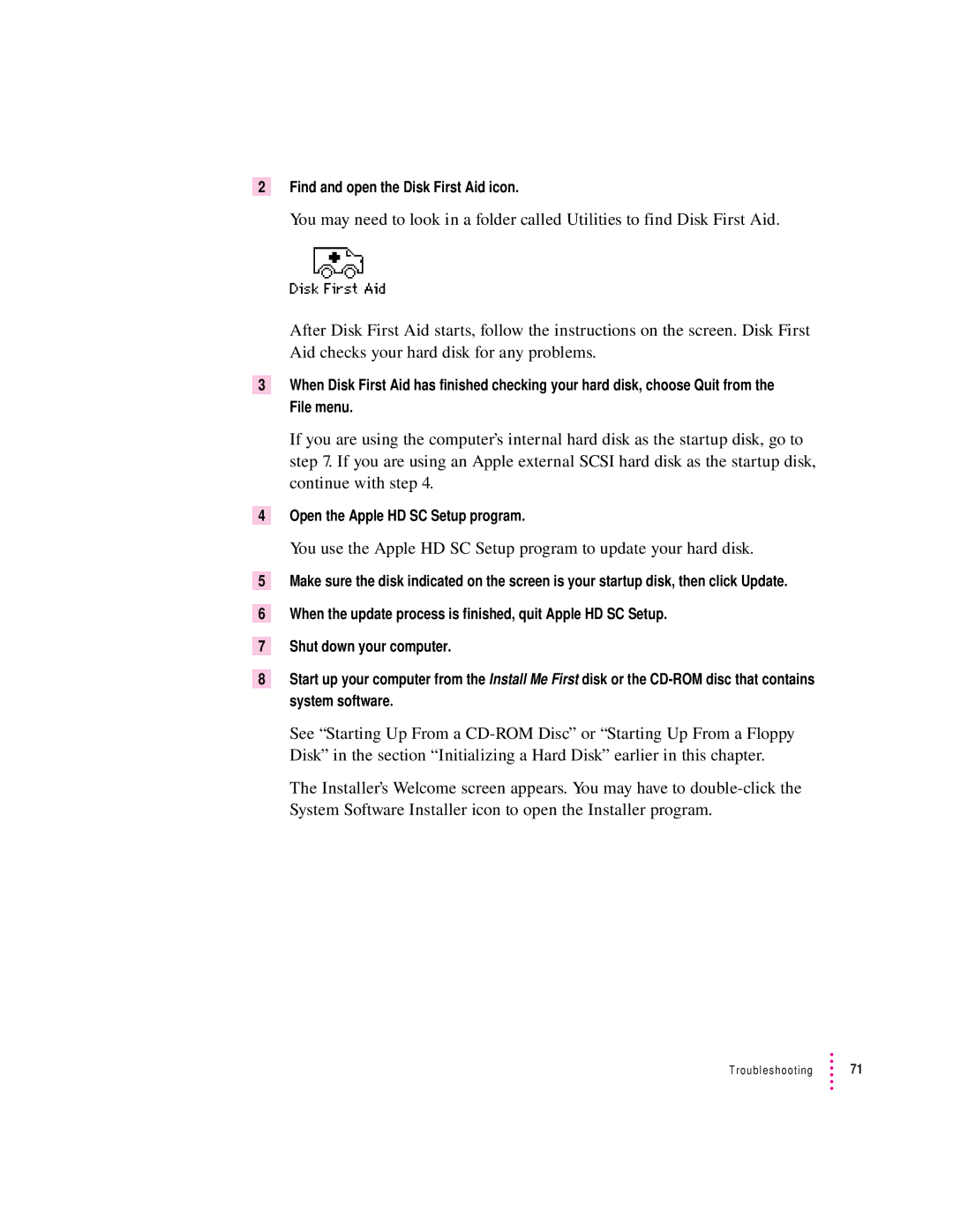 Apple 75 LC, 5200 LC manual Find and open the Disk First Aid icon, Open the Apple HD SC Setup program 