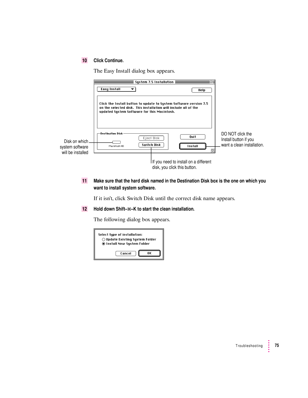 Apple 75 LC, 5200 LC manual Click Continue, Hold down Shift-x-K to start the clean installation 