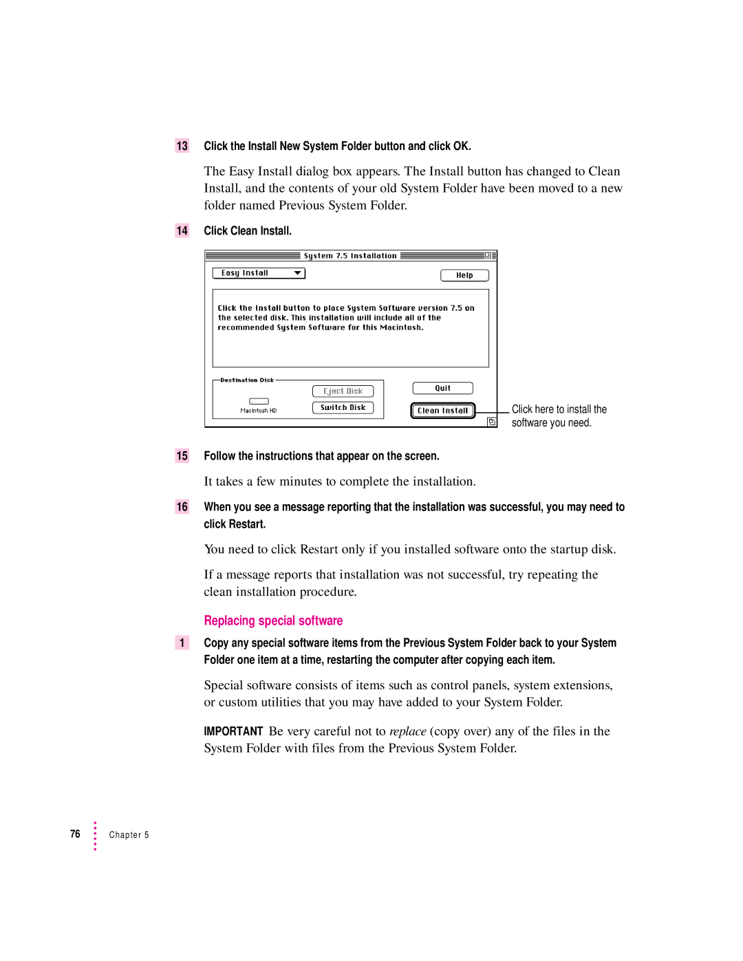 Apple 5200 LC, 75 LC manual Click the Install New System Folder button and click OK, Click Clean Install 