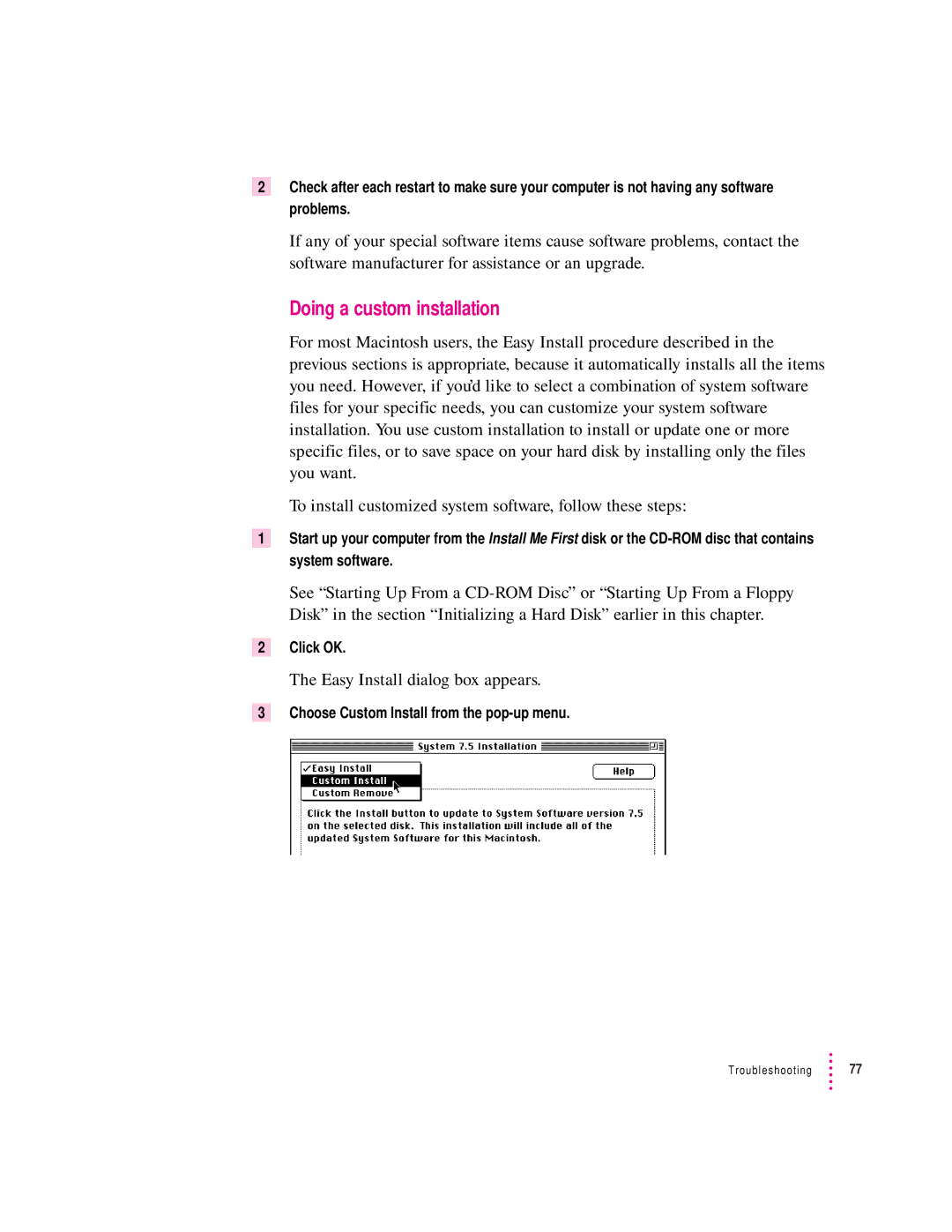 Apple 75 LC, 5200 LC manual Doing a custom installation, Choose Custom Install from the pop-up menu 