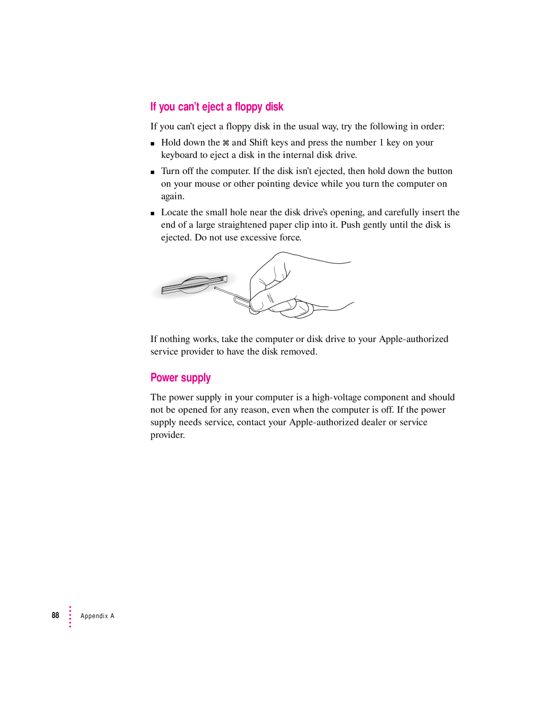 Apple 5200 LC, 75 LC manual If you can’t eject a floppy disk, Power supply 