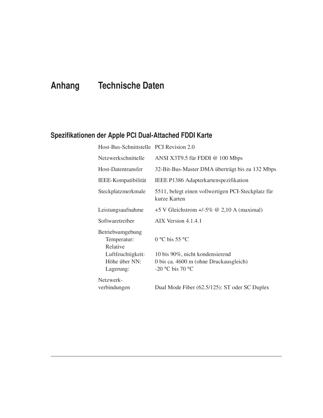 Apple 7600 Series, 7600/200 Series manual Anhang, Spezifikationen der Apple PCI Dual-Attached Fddi Karte 