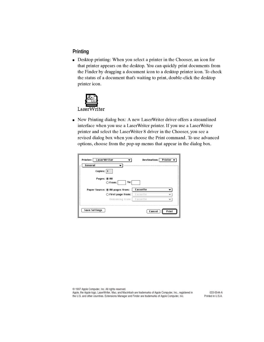 Apple 7.6.1 user manual Printing, Apple Computer, Inc. All rights reserved 033-0544-A 